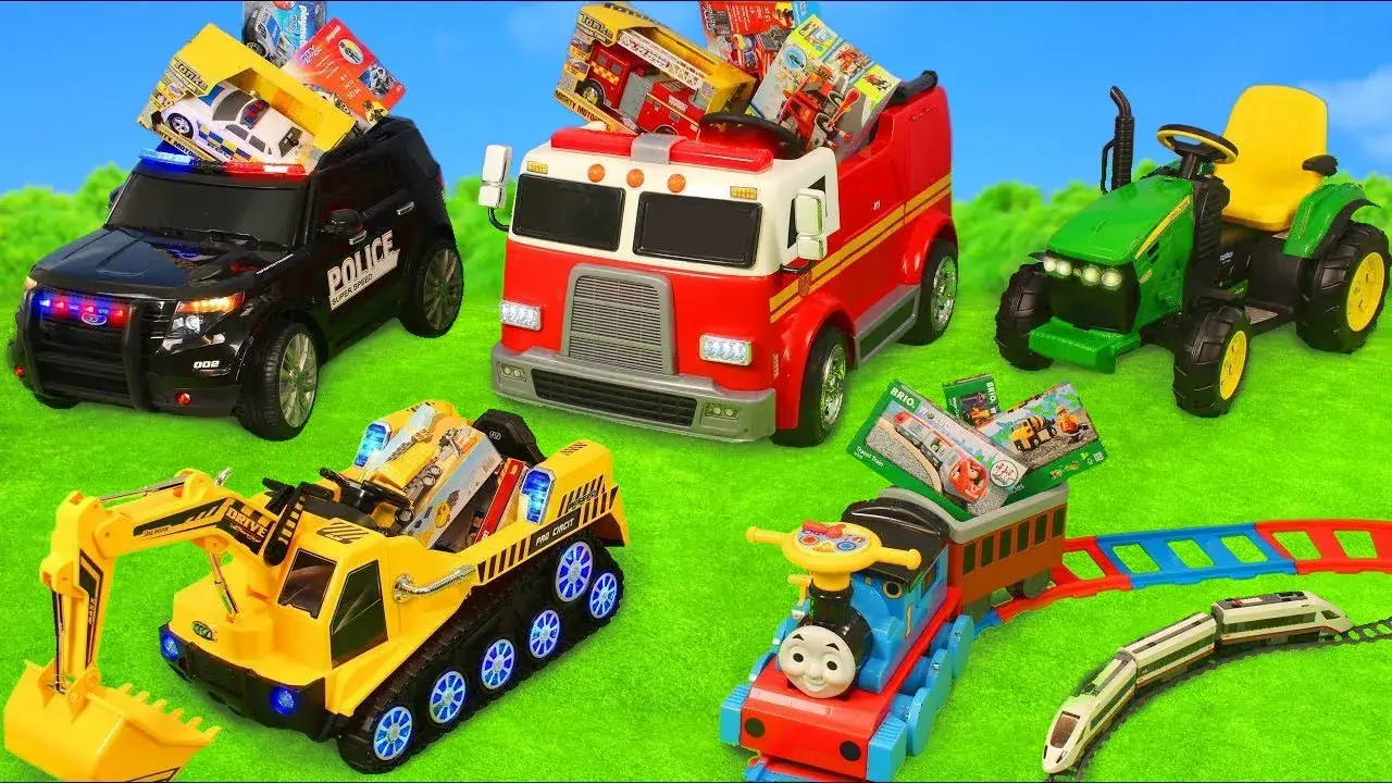 Fire Truck, Tractor, Excavator, Police & Train Ride On Cars