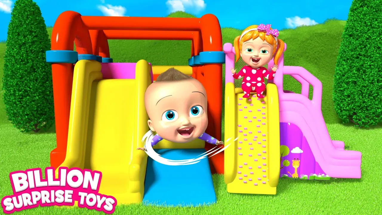 Mommy made bounce houses and hidden toys for the kids to play with! BillionSurpriseToys English